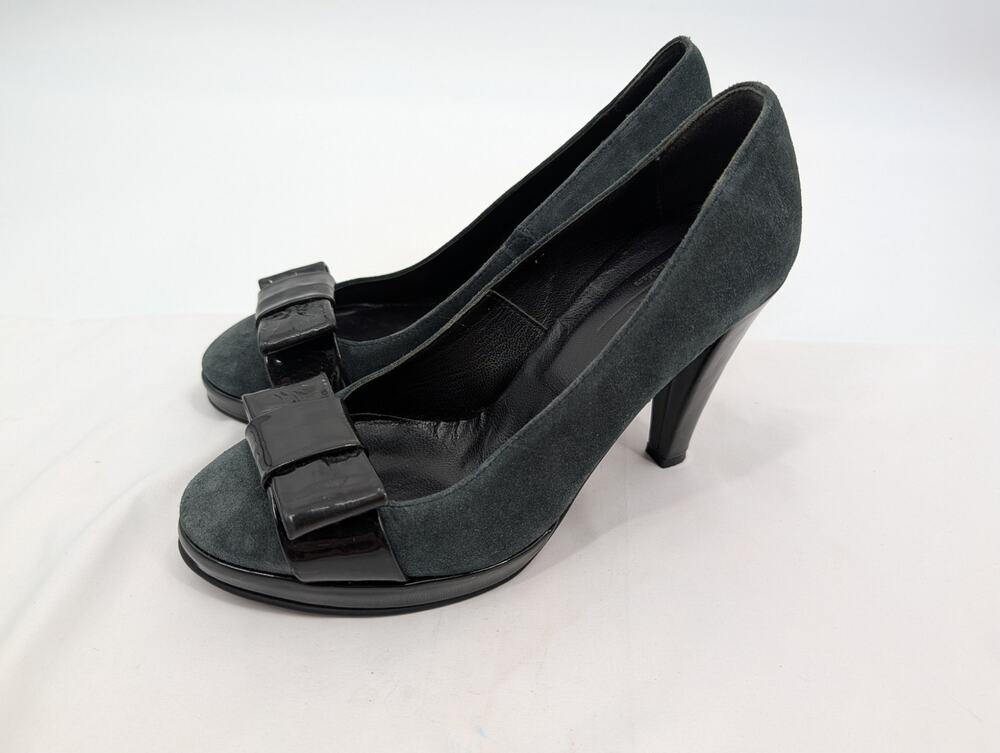Weekend Max Mara Jewel Tone Green Suede Black Bow 4" Heels 38.5 (US 8.5) Career*